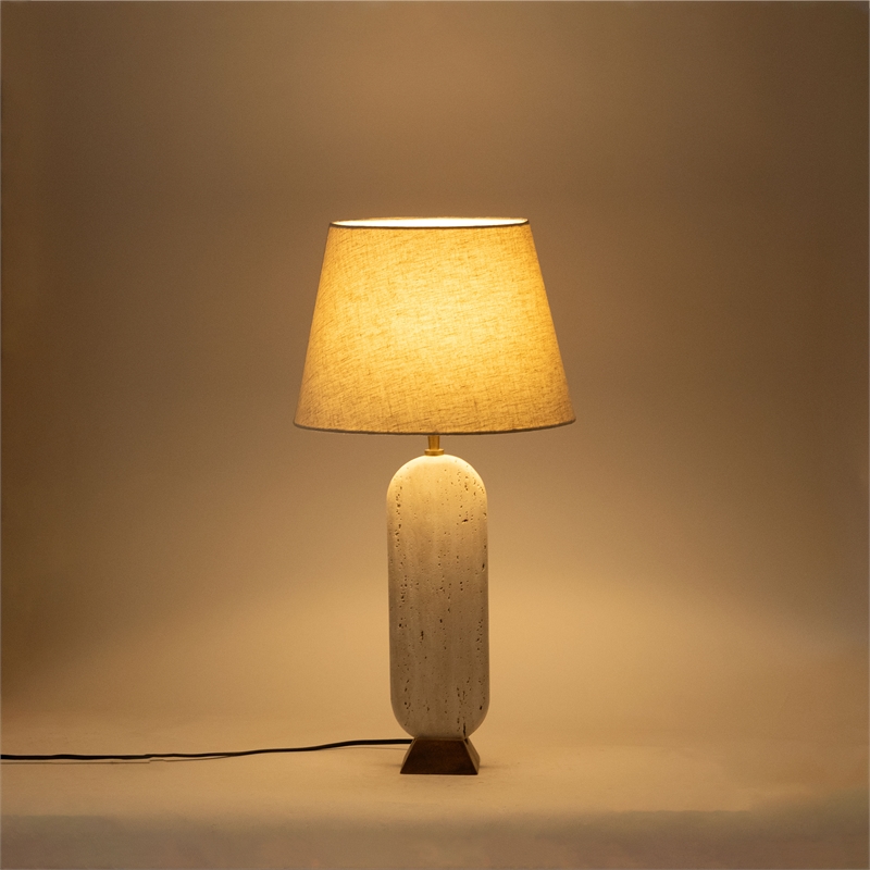 Meridian Furniture Solis Travertine/Walnut Wood Base With Linen Shade Table Lamp