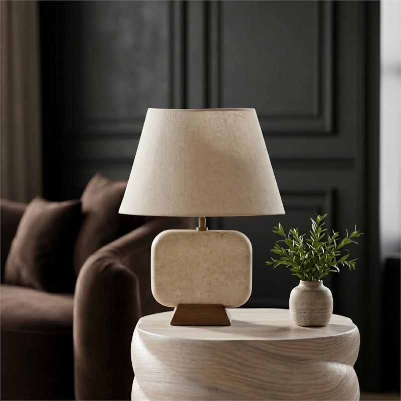 Meridian Furniture Solis Travertine/Walnut Wood Base With Linen Shade Table Lamp