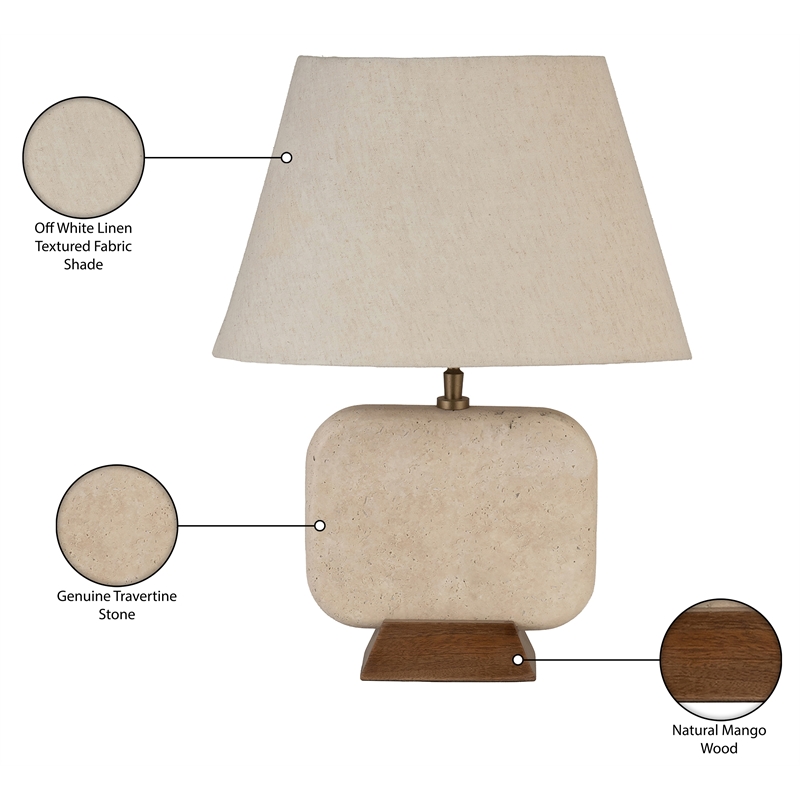 Meridian Furniture Solis Travertine/Walnut Wood Base With Linen Shade Table Lamp