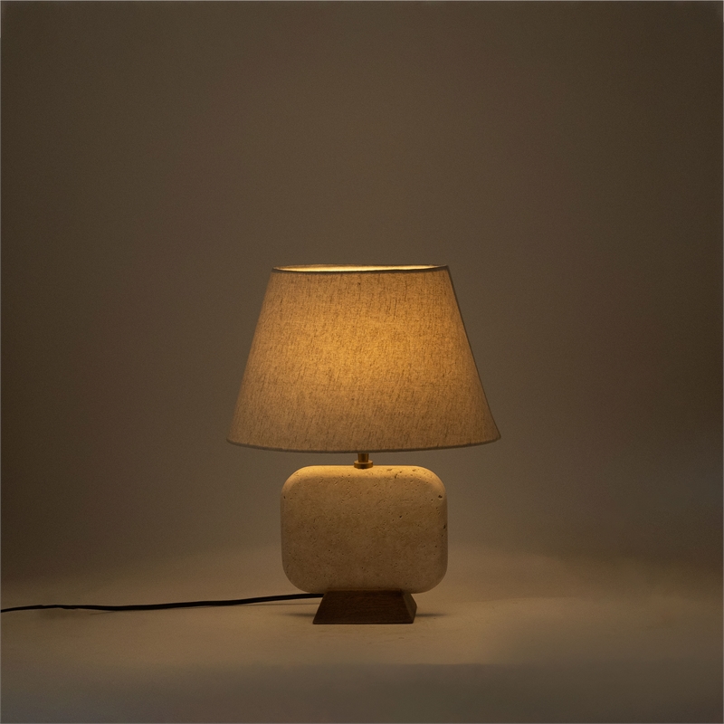 Meridian Furniture Solis Travertine/Walnut Wood Base With Linen Shade Table Lamp