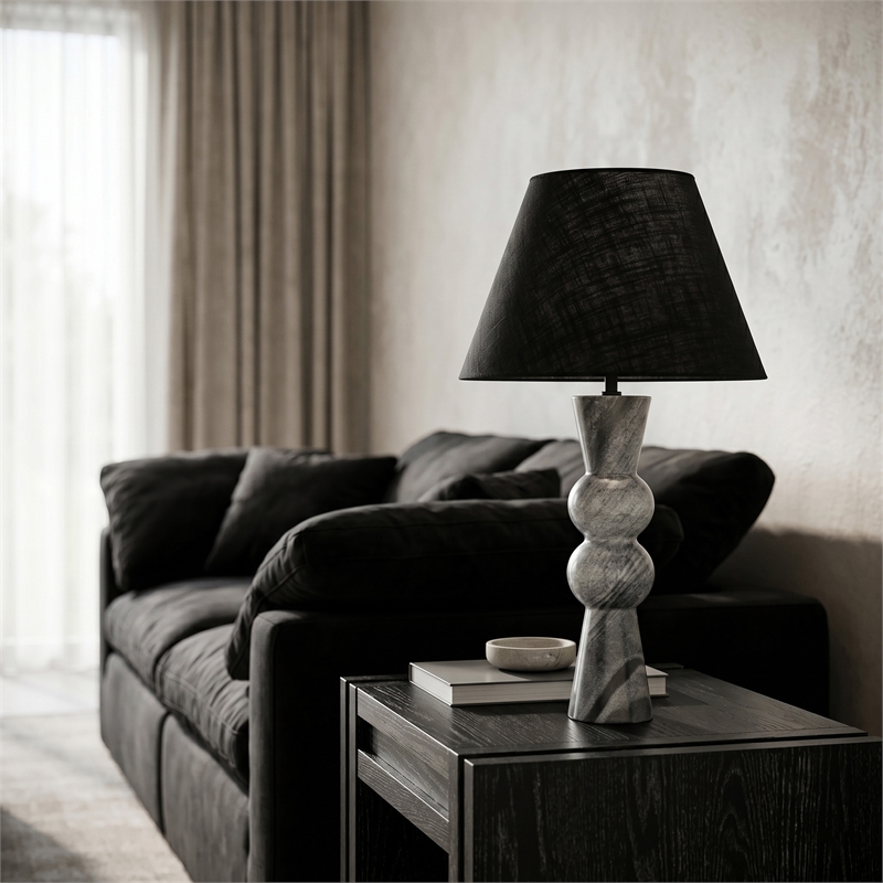 Meridian Furniture Pietra Black Genuine Marble Base And Cotton Shade Table Lamp