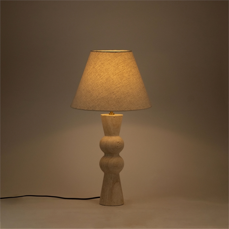 Meridian Furniture Pietra Travertine Base And Linen Shade Table Lamp