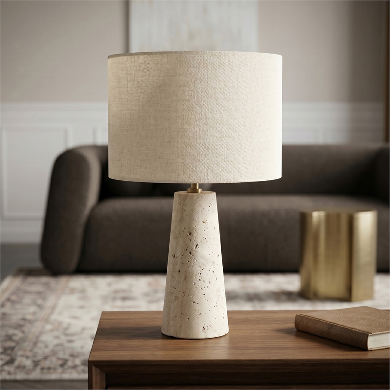 Meridian Furniture Dolomia Travertine Base And Linen Shade Table Lamp
