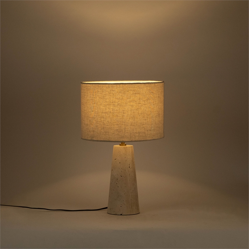 Meridian Furniture Dolomia Travertine Base And Linen Shade Table Lamp