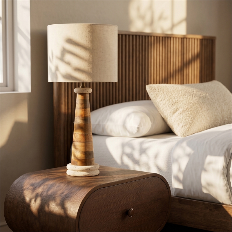 Meridian Furniture Palea Travertine / Mango Wood Base And Linen Shade Table Lamp