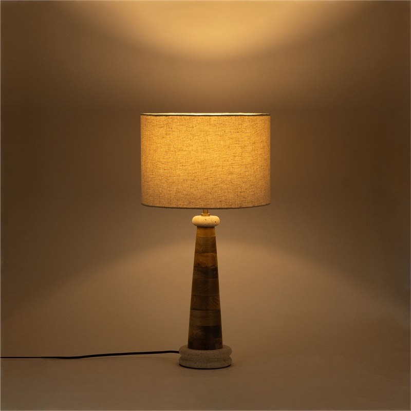 Meridian Furniture Palea Travertine / Mango Wood Base And Linen Shade Table Lamp