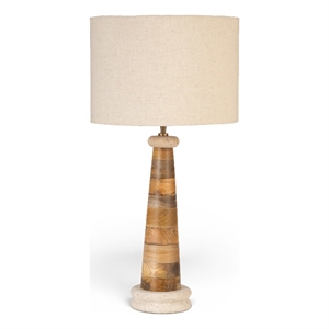Meridian Furniture Palea Travertine / Mango Wood Base And Linen Shade Table Lamp