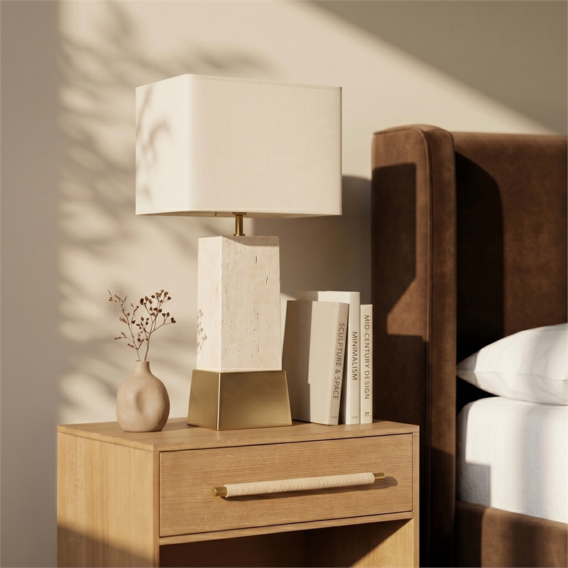 Meridian Furniture Vellara Travertine Base And Linen Shade Table Lamp