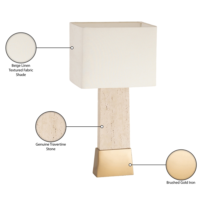 Meridian Furniture Vellara Travertine Base And Linen Shade Table Lamp
