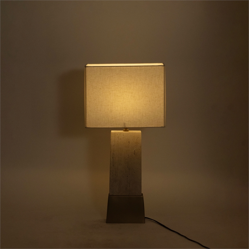 Meridian Furniture Vellara Travertine Base And Linen Shade Table Lamp