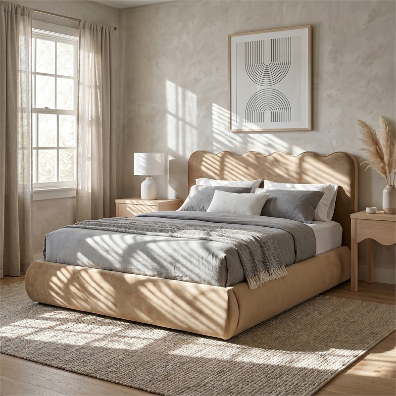 Meridian Furniture Tempo Beige Velvet Upholstered Full Bed