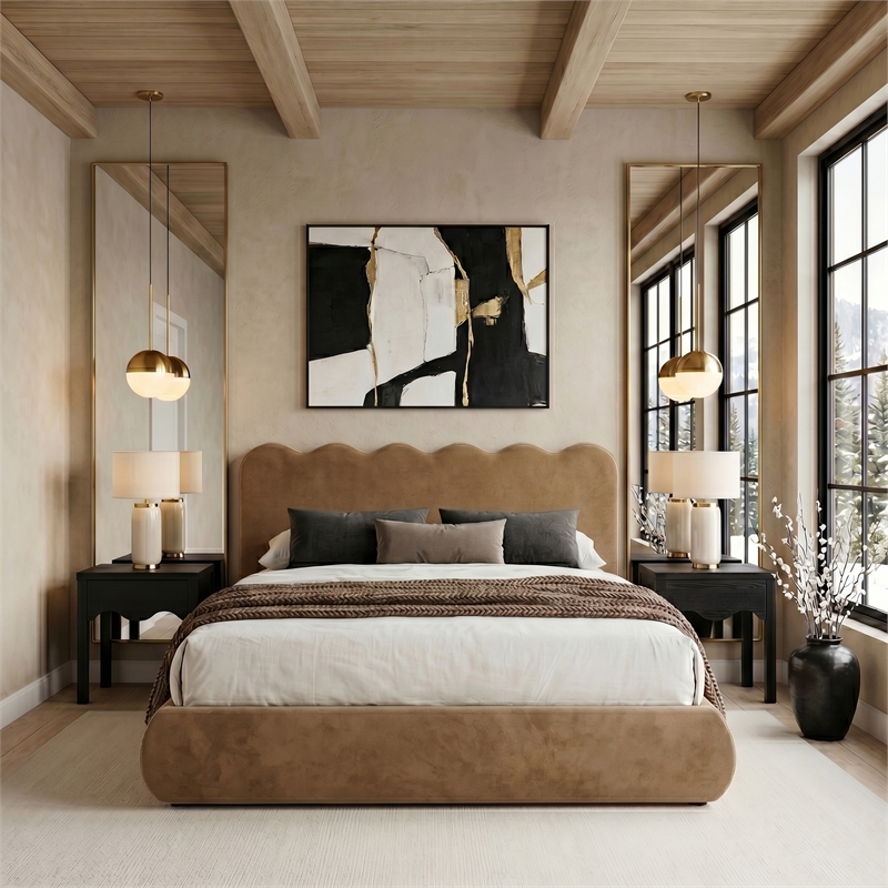 Meridian Furniture Tempo Saddle Velvet Upholstered Queen Bed