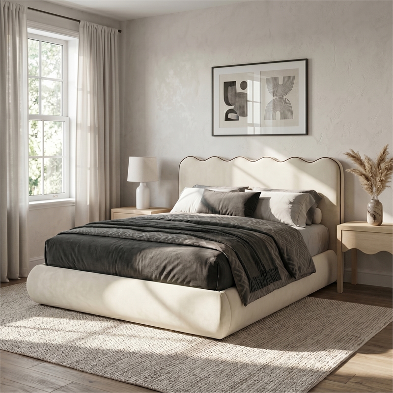 Meridian Furniture Tempo Cream Velvet Upholstered Full Bed