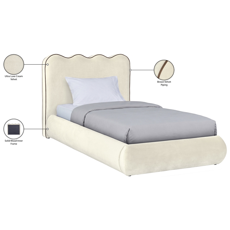 Meridian Furniture Tempo Cream Velvet Upholstered Twin Bed