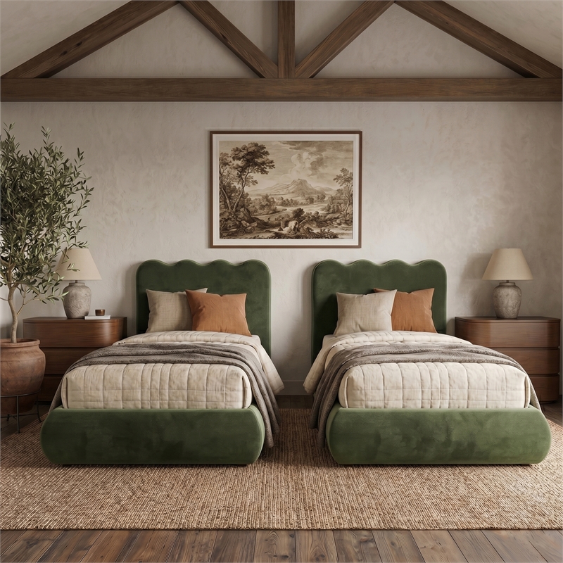 Meridian Furniture Tempo Green Velvet Upholstered Twin Bed