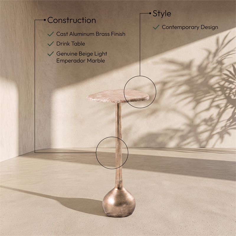 Meridian Furniture Vireo Beige Genuine Marble Top And Aluminum Base Drink Table
