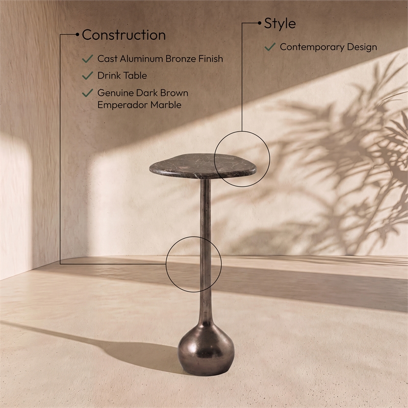 Meridian Furniture Vireo Brown Genuine Marble Top And Aluminum Base Drink Table