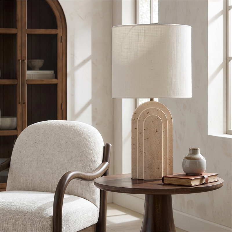Meridian Furniture Caldera Travertine And Linen Textured Fabric Table Lamp