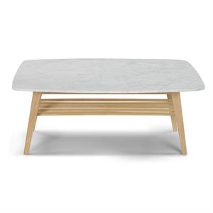 Bianco Collection Laura 43&quot Italian Marble Coffee Table in White with Oak shelf