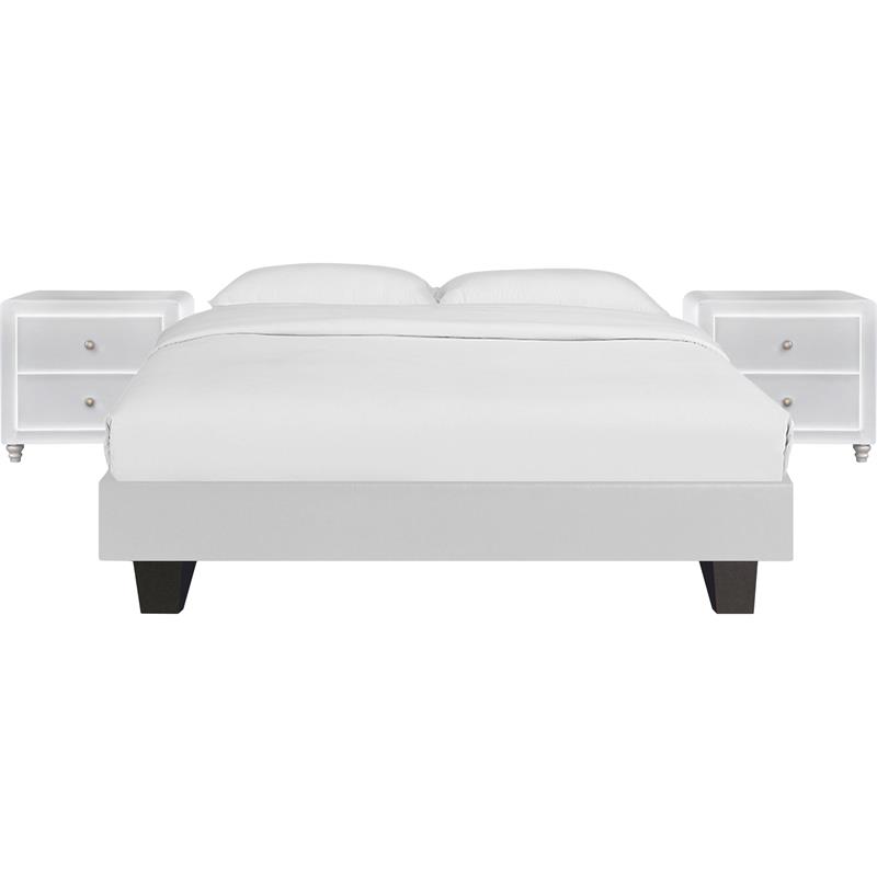 Camden Isle Faux Leather Acton Platform Bed Queen White and 2 Nightstands
