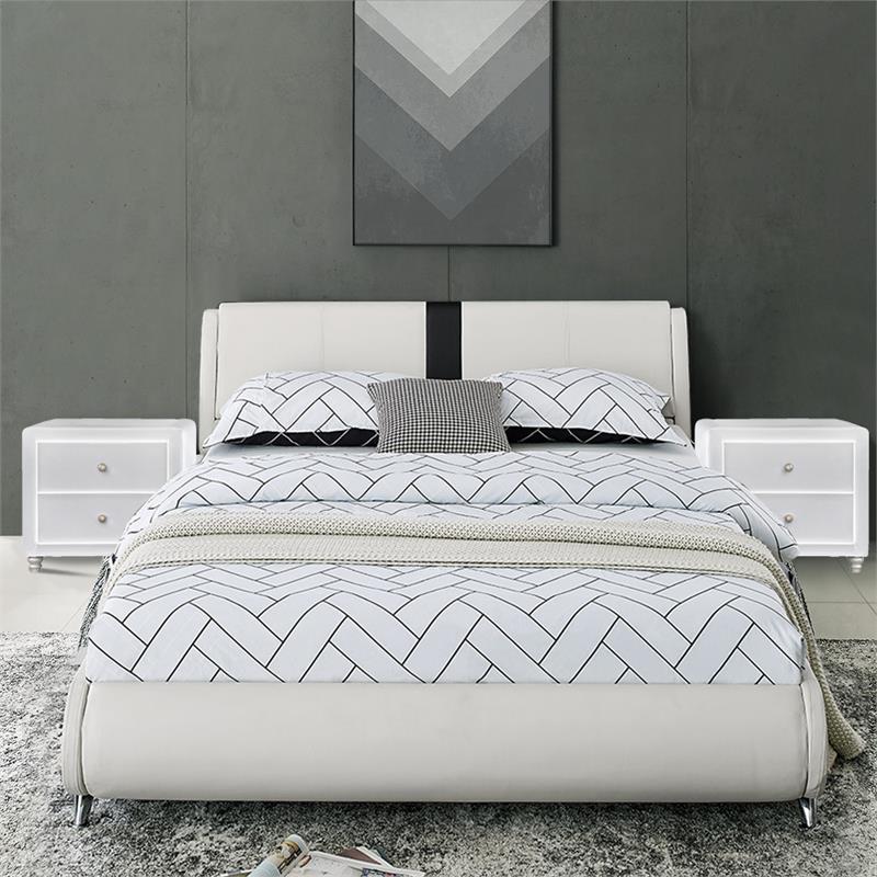 Camden Isle Carlton Bed in Queen White Faux Leather with 2 Nightstands