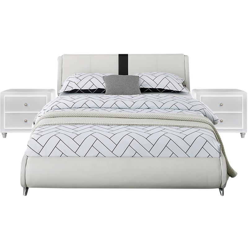 Camden Isle Carlton Bed in Queen White Faux Leather with 2 Nightstands