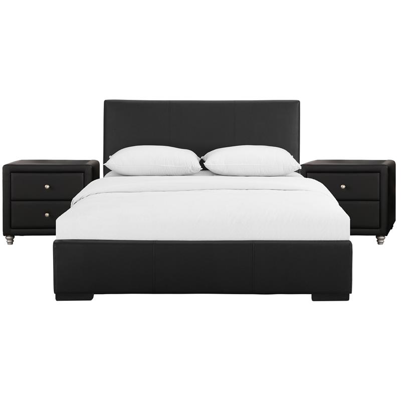 Camden Isle Hindes Upholstered Platform Bed in Black Queen with 2 Nightstands