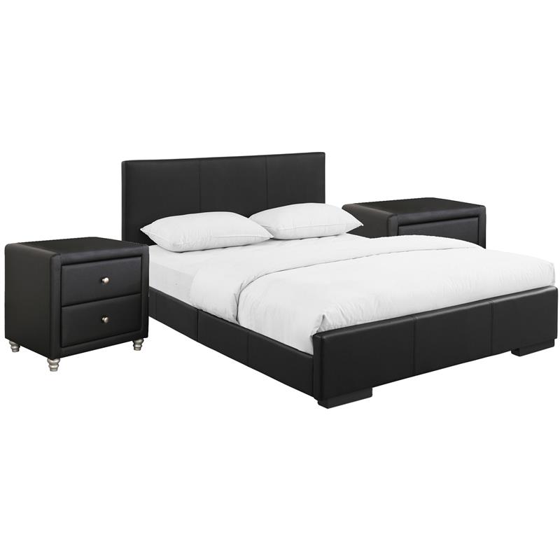 Camden Isle Hindes Upholstered Platform Bed in Black Queen with 2 Nightstands