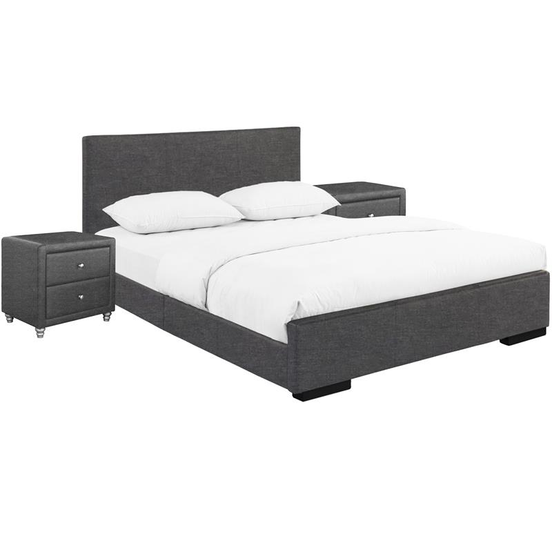 Camden Isle Hindes Upholstered Platform Bed in Gray Queen with 2 Nightstands