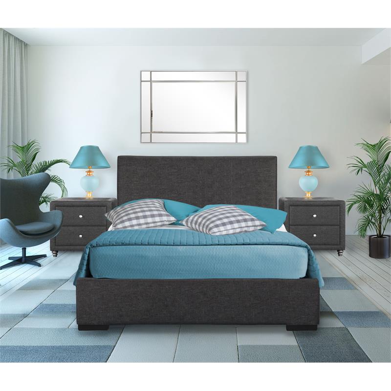 Camden Isle Hindes Upholstered Platform Bed in Gray King with 2 Nightstands