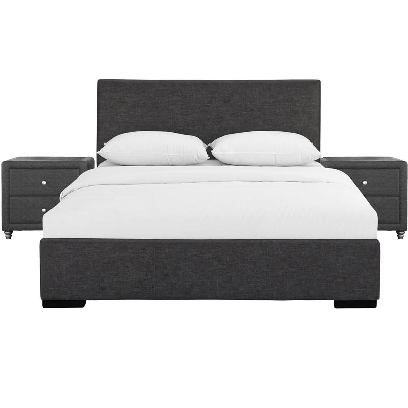 Camden Isle Hindes Upholstered Platform Bed in Gray King with 2 Nightstands
