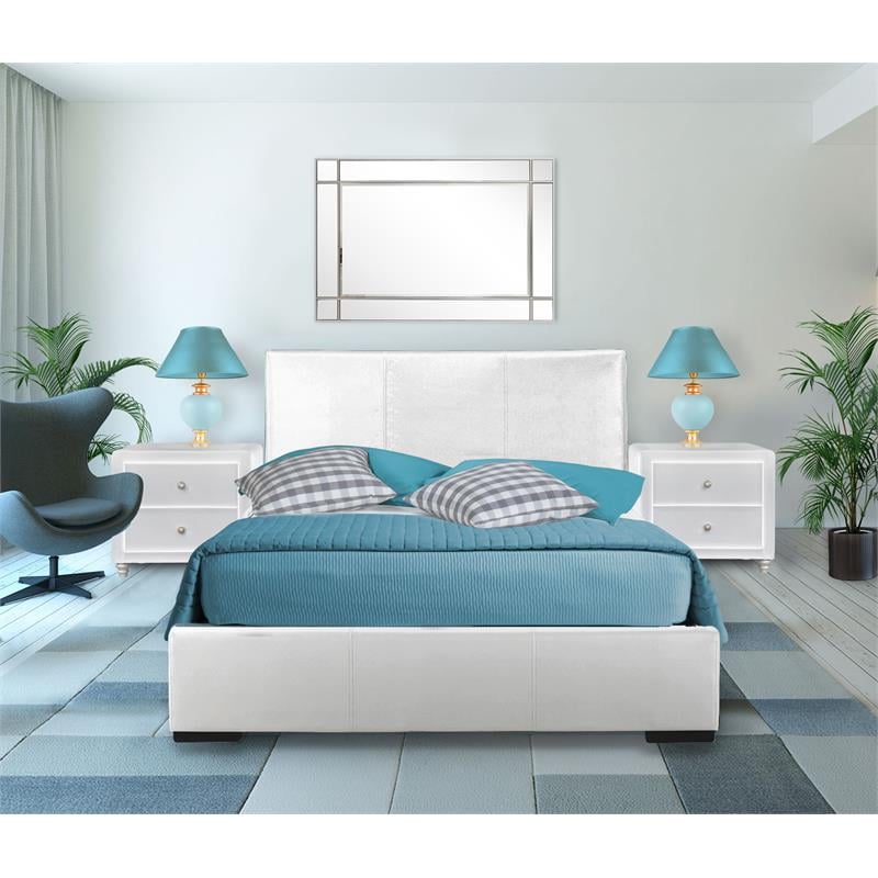 Camden Isle Hindes Upholstered Platform Bed in White Queen with 2 Nightstands