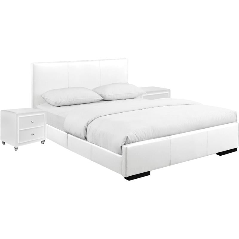 Camden Isle Hindes Upholstered Platform Bed in White Queen with 2 Nightstands