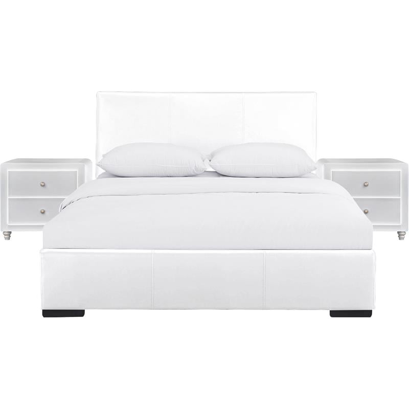 Camden Isle Hindes Upholstered Platform Bed in White Queen with 2 Nightstands