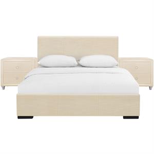 camden isle queen abbey platform bed in beige faux leather with 2 nightstands