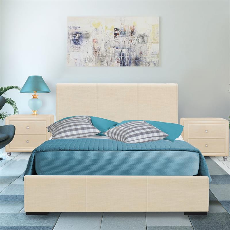 Camden Isle Queen Hindes Platform Bed in Beige Faux Leather with 2 Nightstands