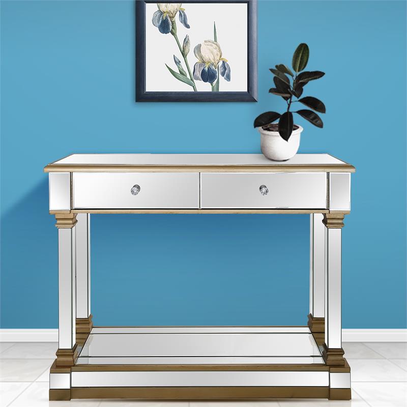 Declan Mirrored Glass Console Table with Gold Accents