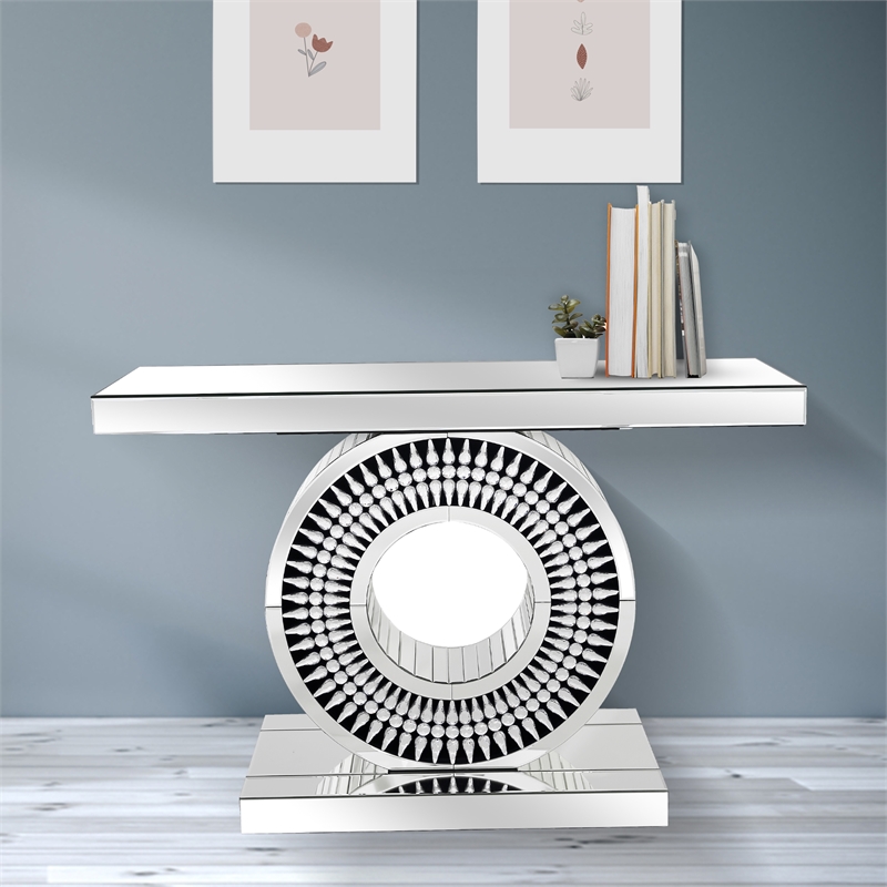 Helios Mirrored Glass Console Table With Inlaid Circular Pedestal