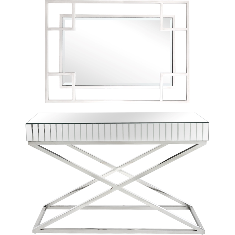 Camden Isle Kinney Wall Mirror and Console Table in Silver Stainless Steel Frame