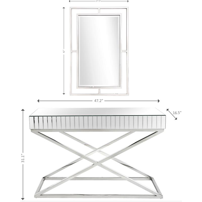Camden Isle Kinney Wall Mirror and Console Table in Silver Stainless Steel Frame