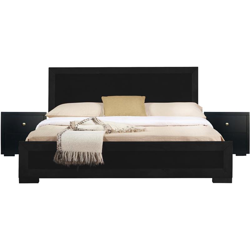 Camden Isle Queen Size Trent Wood Platform Bed in Black with 2 Nightstands