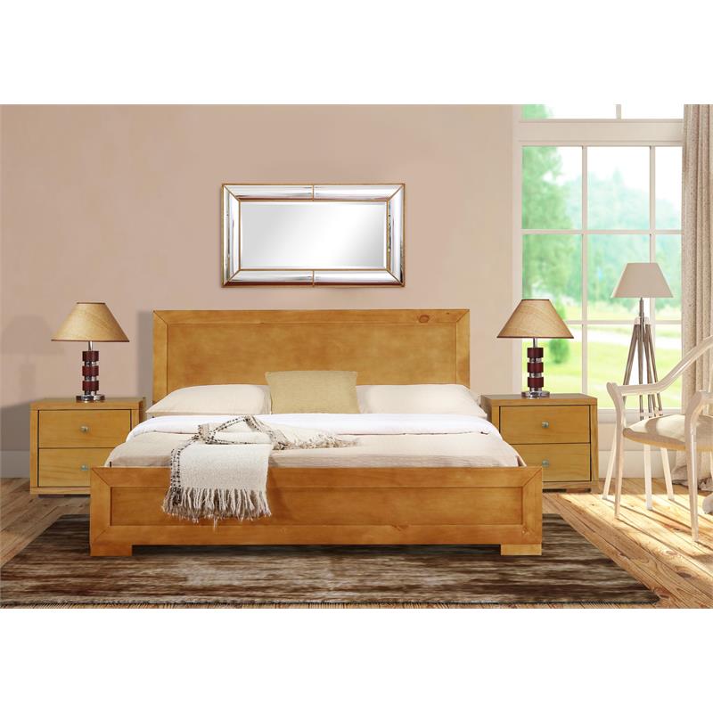 Camden Isle Queen Size Trent Wood Platform Bed in Oak with 2 Nightstands