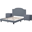 Madison Queen Platform Bed Gray Fabric with 2 Nightstands