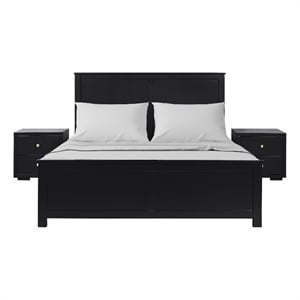 Winston Wooden Platform Bed in Black Queen with 2 Nightstands