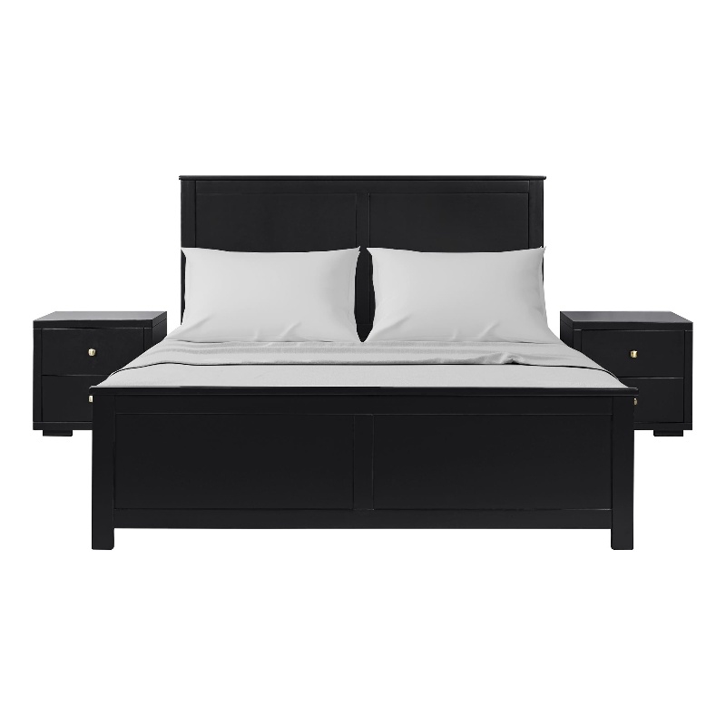 Winston Wooden Platform Bed in Black King with 2 Nightstands