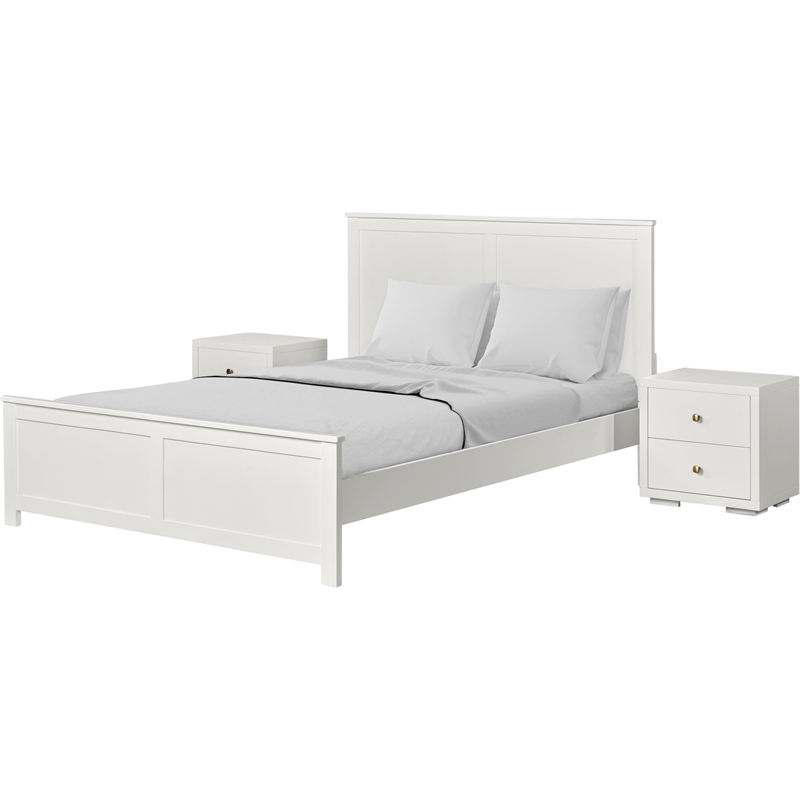 Winston Wooden Platform Bed in White Queen with 2 Nightstands