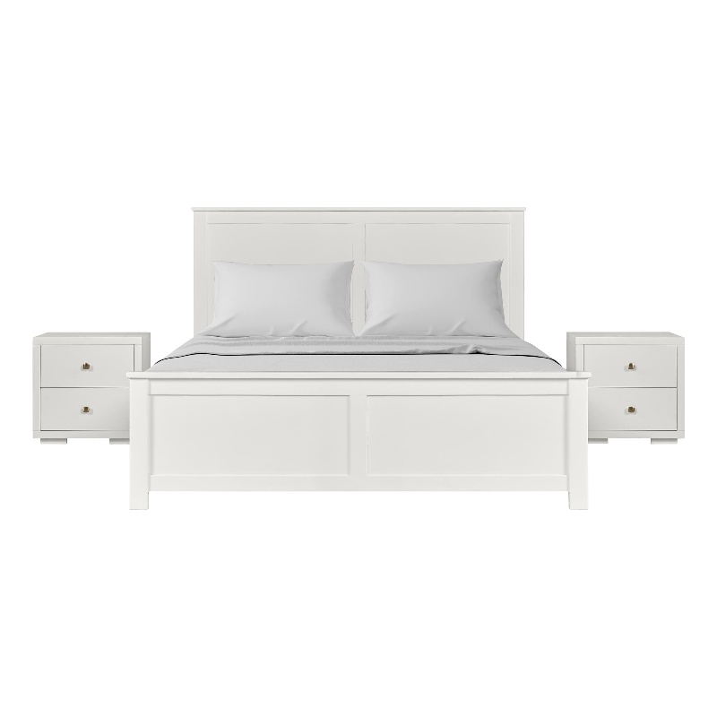 Winston Wooden Platform Bed in White Queen with 2 Nightstands