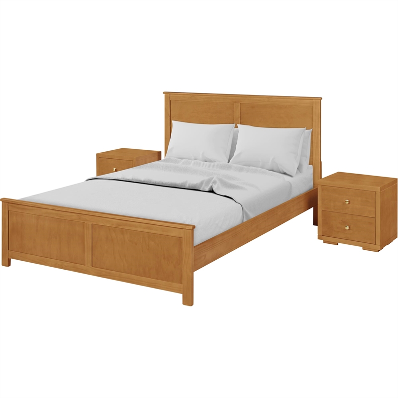 Winston Wooden Platform Bed in Oak Queen with 2 Nightstands