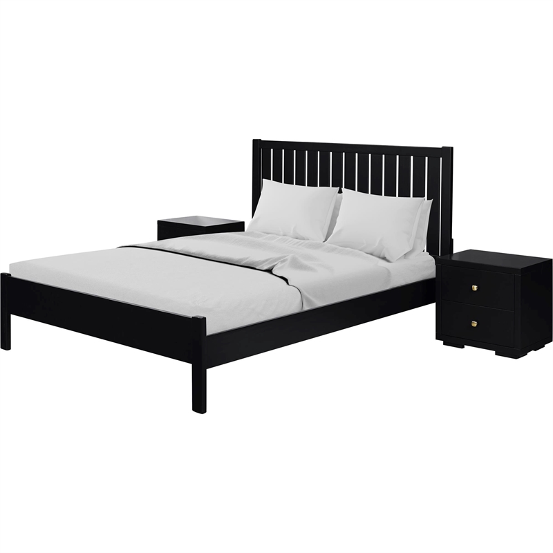 Graham Wooden Platform Bed in Black Queen with 2 Nightstands