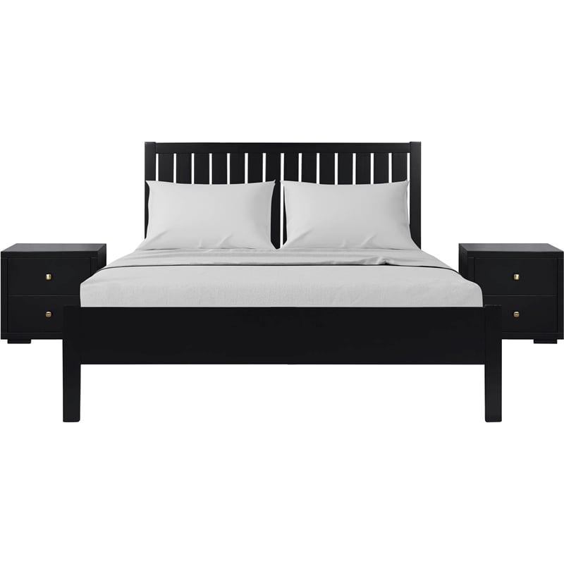 Graham Wooden Platform Bed in Black Queen with 2 Nightstands